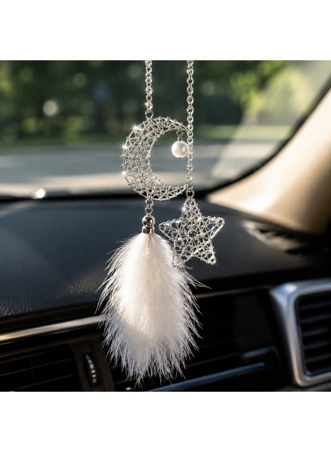 Via Saffi Moon and Star Car Mirror Pendant, Rear View Mirror Hanging Decoration with Feather, Elegant Car Interior Accessories Ornament for Car and Home Decor - Image 1