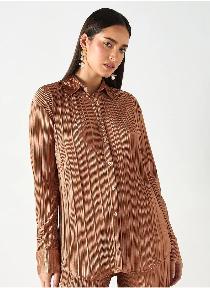 سنوار Pleated Long Sleeves Shirt and Wide Leg Wrap Pants