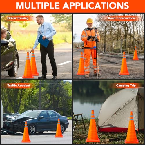 TENKAIWICK 28 Inch 4 Pack Traffic Cones with Storage Bag, Collapsible Safety Cones, Multi Purpose Pop-up Cones with Reflective Collar, Orange Cones for Parking lot, Driveway, Driving Training etc - Image 3