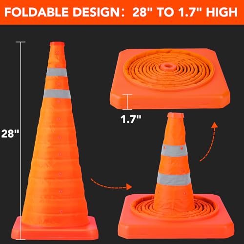 TENKAIWICK 28 Inch 4 Pack Traffic Cones with Storage Bag, Collapsible Safety Cones, Multi Purpose Pop-up Cones with Reflective Collar, Orange Cones for Parking lot, Driveway, Driving Training etc - Image 4