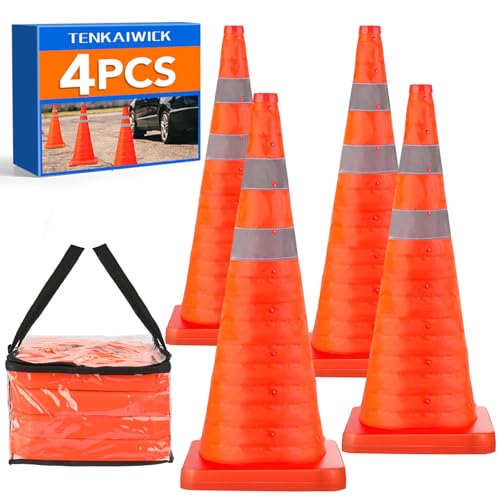 TENKAIWICK 28 Inch 4 Pack Traffic Cones with Storage Bag, Collapsible Safety Cones, Multi Purpose Pop-up Cones with Reflective Collar, Orange Cones for Parking lot, Driveway, Driving Training etc - Image 1