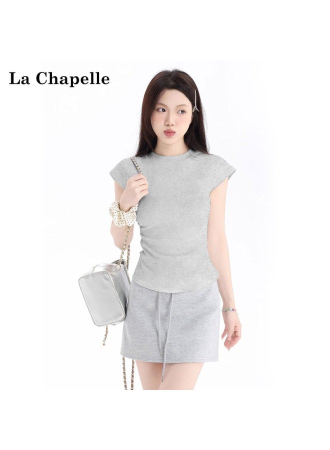La Chapelle Women's T-shirt, Regular Shoulder, Round Neck, Short Sleeve, Slim Fit, Cropped, Versatile, Slimming Top, Heather Gray, XL - Image 1