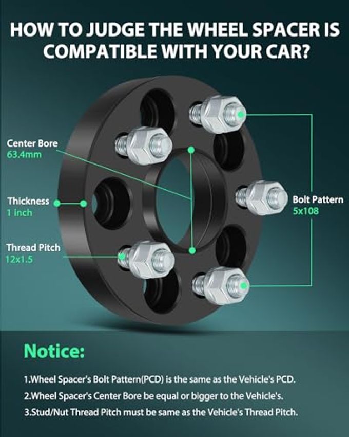 SCITOO 4Pcs 5X108 Wheel Spacers 1 Inch Bore 63.4Mm Studs 12X1.5 5 Lug Wheel Spacers Fit For Lincoln Corsair 2020-2022,For Jaguar Xf 2009-2022 - Image 2