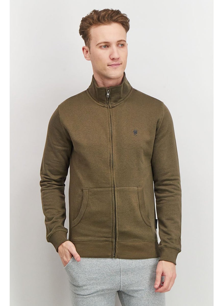 French Connection Men Mock Neckline Long Sleeves Brand Logo Sweatshirt, Khaki and Olive  - Image 1