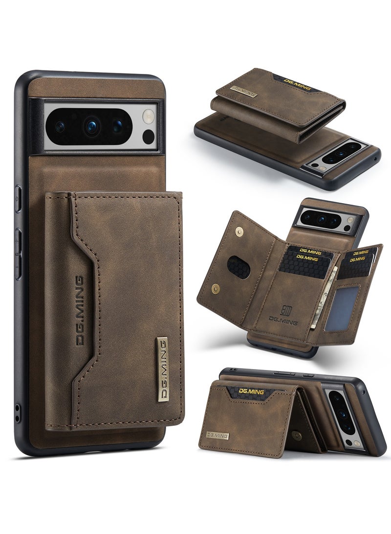 DGMING Wallet Case for Google Pixel 8, DG.MING Premium Leather Phone Case Back Cover Magnetic Detachable with Trifold Wallet Card Holder Pocket (Brown)  - Image 2