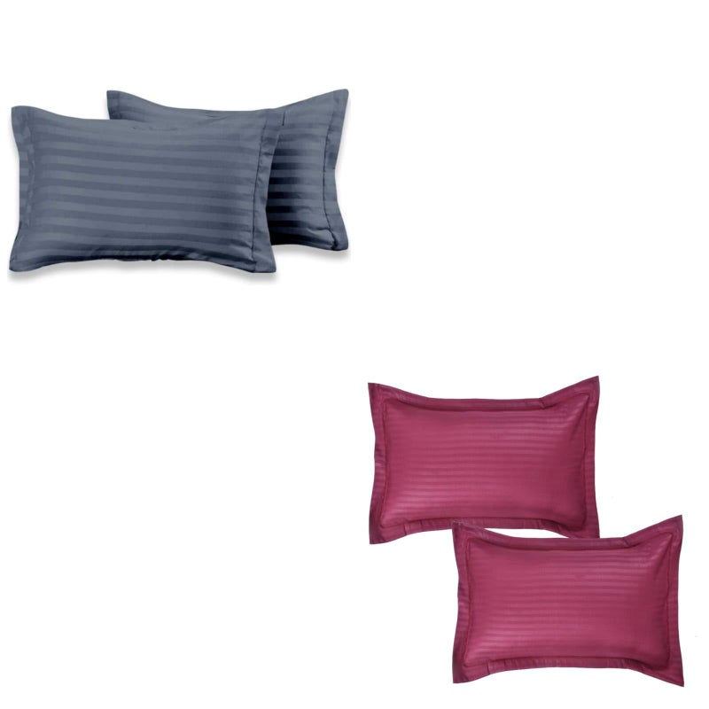 TrendRoad Satin Fabric Stripes Pattern Pillow Case Covers|Pack of 4| Color: Grey & Maroon