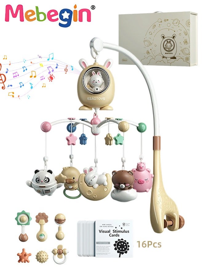 MEBEGIN Baby Crib Mobile Set with 6 Rattle Toys and 16 Visual Stimulus Cards, Animals Hanging Toys, Adorable Crib Toy with Music, Lights and Abundant Early Education Content, Nursery Musical Mobile for Bassinets, Ideal Gift for Babies  - Image 1
