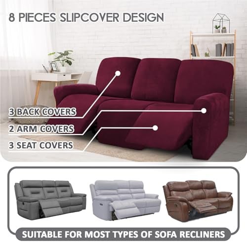 ULTICOR Velvet 8-Pieces Recliner Sofa Covers Stretch Reclining Couch Covers for 3 Cushion Reclining Sofa Slipcovers Furniture Covers Thick Soft Washable (3 Seater Recliner Cover, Wine) - Image 2
