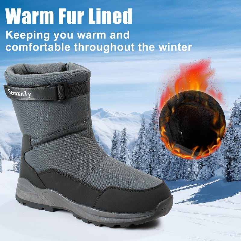 Semxnly Waterproof Men's Snow Boots - Winter Boots for Men Lightweight Warm Fur Lined Non-Slip Mid-Calf Boot for Outdoor Gray - Image 3