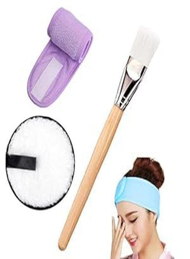 Rinpoche Facial Mask Brush Set Face Cleaning Sponge Headband Combo and Wooden Face Pack Brush for Women's and Girl's (Multicolor) (Brush, Belt and 2 Sponge) - Image 1