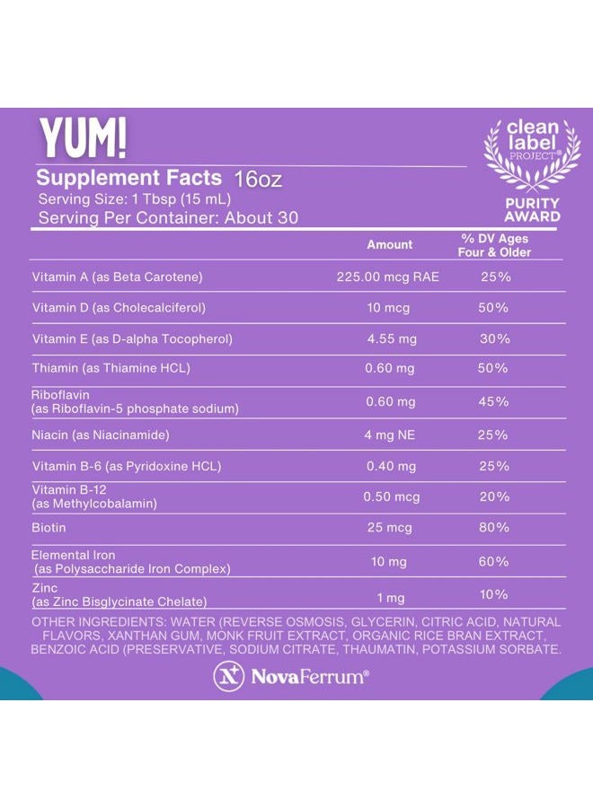 NovaFerrum Yum 16 Fl Oz | Multivitamin with Iron for Ages 4 & Up | Gluten Free Certified | Sugar Free | Raspberry Grape - Image 3