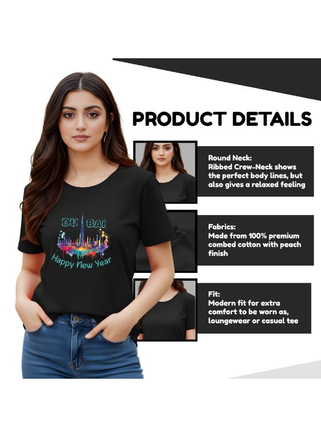 Happy New Year Dubai Adult Women's T-Shirt - Women's Round Neck Short Sleeve T-Shirt With Happy New Year And Dubai Design-Perfect For New Year Party Celebration - Image 4