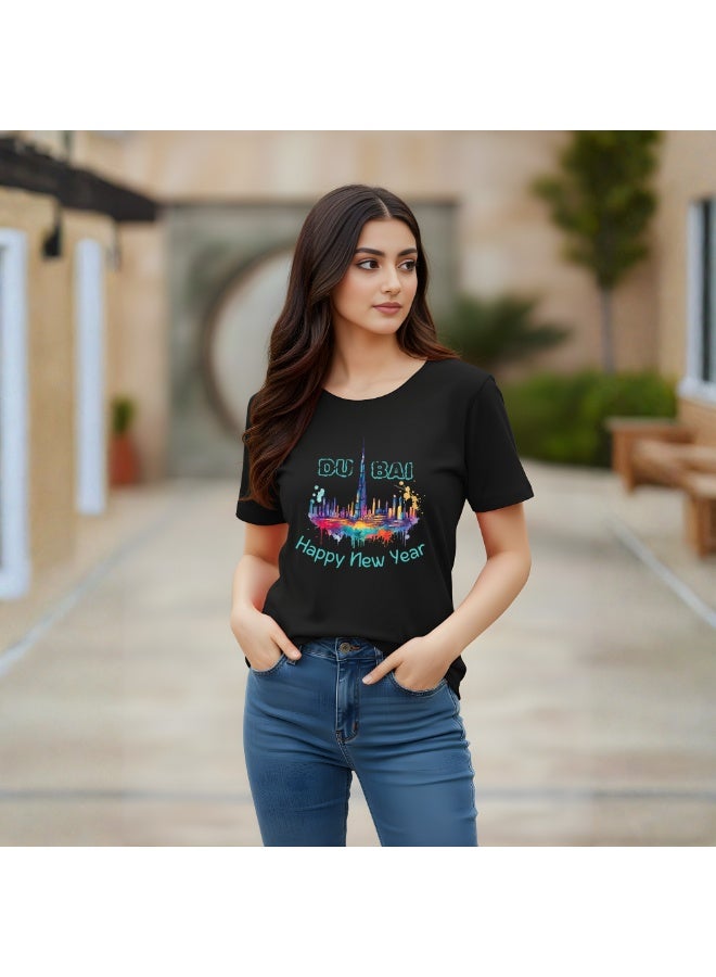 Happy New Year Dubai Adult Women's T-Shirt - Women's Round Neck Short Sleeve T-Shirt With Happy New Year And Dubai Design-Perfect For New Year Party Celebration - Image 3