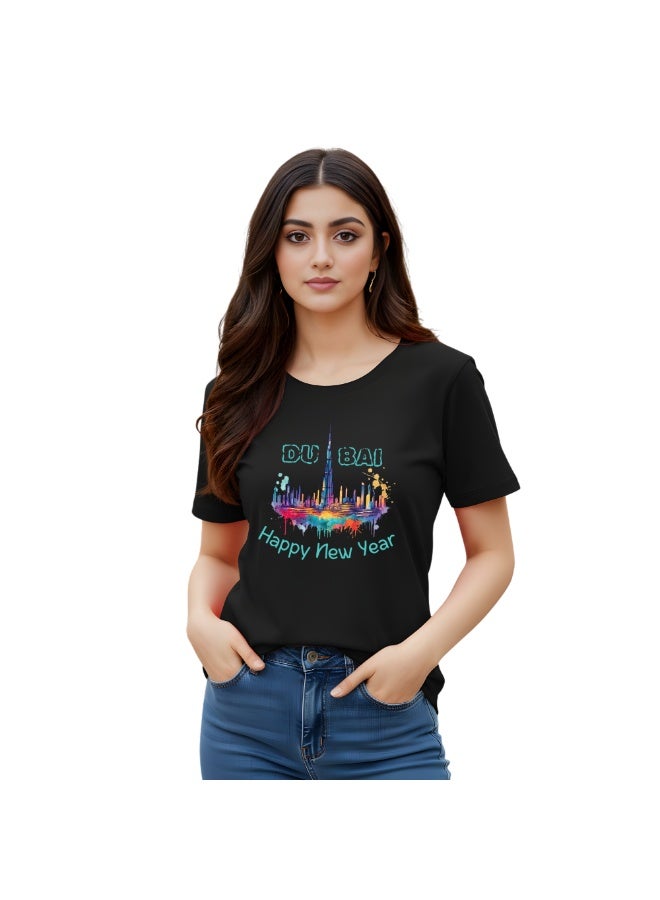 Happy New Year Dubai Adult Women's T-Shirt - Women's Round Neck Short Sleeve T-Shirt With Happy New Year And Dubai Design-Perfect For New Year Party Celebration - Image 1