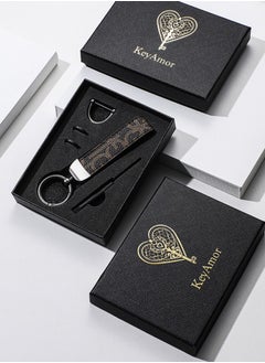 KeyAmor Elegant metal and leather keychain car key holder for adults. Stylish keychain with gunmetal-coloured rings, perfect for men, featuring 3 key rings for added functionality. Made with elegant and refined dark brown leather, it offers 360-degree rotation for convenience and comes beautifully packaged in a fancy gift box, making it an excellent accessory or gift choice.  - Image 2