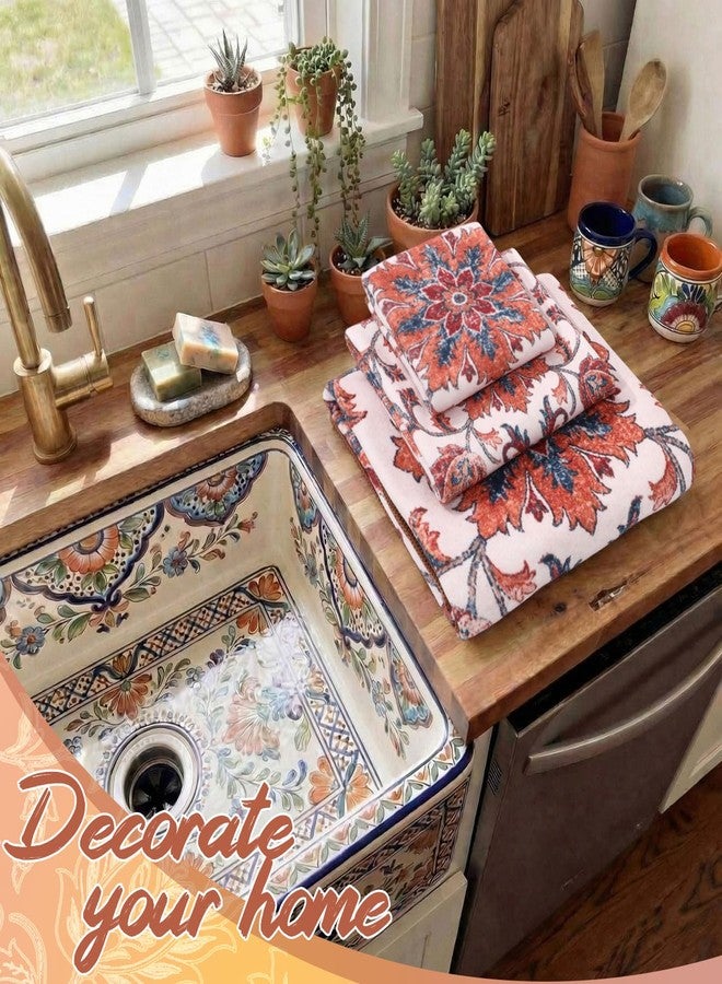 Gilprop 3 Pcs Floral Vintage Distress Boho Bath Towels Set Medallion Bath Towel Persian Hand Towel and Washcloth for Bathroom Shower Kitchen Cleaning Daily Decor Gifts, Soft Absorbent, 3 Sizes - Image 4