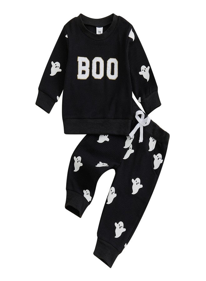 wybzd Toddler Boy Girl Halloween Outfit Embroidery Boo Crewneck Sweatshirt Ghost Pants Set Baby Fall Winter oversize Clothes (Black BOO, 6-12 Months) - Image 1