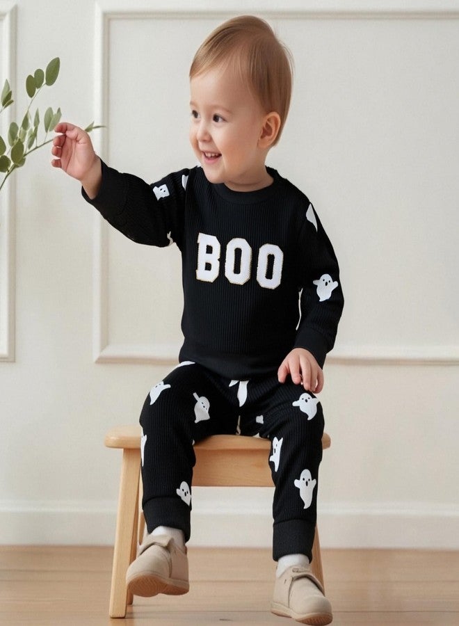 wybzd Toddler Boy Girl Halloween Outfit Embroidery Boo Crewneck Sweatshirt Ghost Pants Set Baby Fall Winter oversize Clothes (Black BOO, 6-12 Months) - Image 2