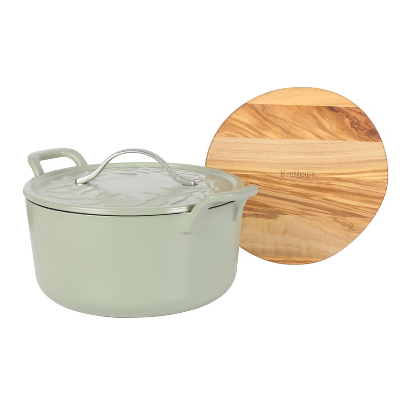 Bloomhouse - Two Time Oprah's Favorite Things Winner - 7 Qt Cast Iron Dutch Oven W/Embossed Lid, European Enamel, & Olive Wood Trivet - Matte Sage - Image 5