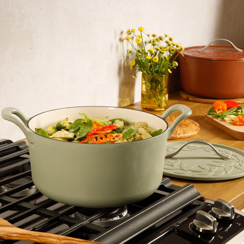Bloomhouse - Two Time Oprah's Favorite Things Winner - 7 Qt Cast Iron Dutch Oven W/Embossed Lid, European Enamel, & Olive Wood Trivet - Matte Sage - Image 2