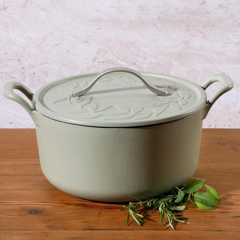 Bloomhouse - Two Time Oprah's Favorite Things Winner - 7 Qt Cast Iron Dutch Oven W/Embossed Lid, European Enamel, & Olive Wood Trivet - Matte Sage - Image 4