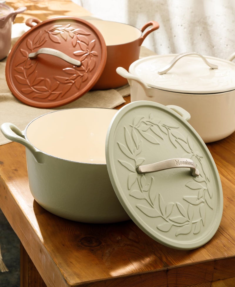 Bloomhouse - Two Time Oprah's Favorite Things Winner - 7 Qt Cast Iron Dutch Oven W/Embossed Lid, European Enamel, & Olive Wood Trivet - Matte Sage - Image 3