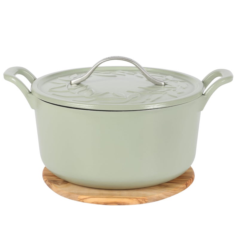 Bloomhouse - Two Time Oprah's Favorite Things Winner - 7 Qt Cast Iron Dutch Oven W/Embossed Lid, European Enamel, & Olive Wood Trivet - Matte Sage - Image 1