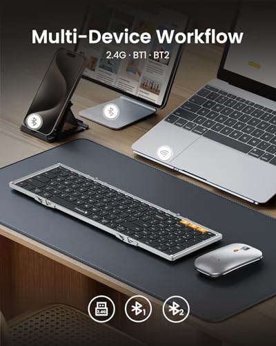 ProtoArc Foldable Keyboard and Mouse, XKM01 True Full-Size Folding Wireless Keyboard Mouse for Business Travel, a Portable Office Suite On-The-Go, Compatible with Laptop iPad Tablet - Black Silver - Image 4