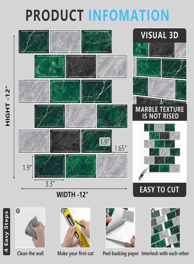 URCOLOR 10-Sheet Peel and Stick Backsplash Tile for Kitchen,12"x12" Self Adhesive Wall Tiles Stick on Back Splashes for Bathroom Green Marble Look - Image 5