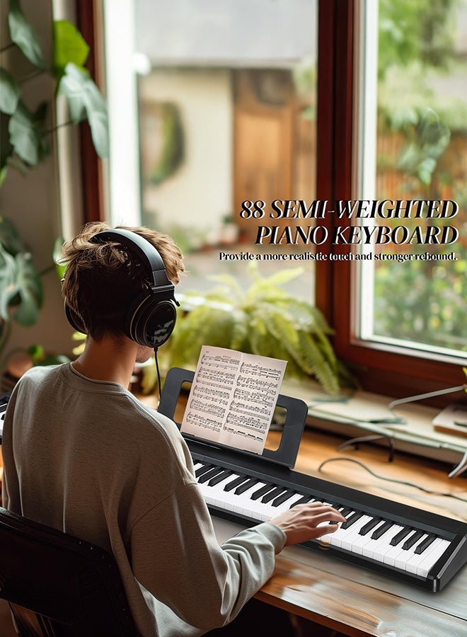 والالا بيانو رقمي كهربائي قابل للطي بـ 88 مفتاحًا و5 فولت من النوع C، وشاشة LED ثلاثية الأرقام مع وضع بلوتوث مزدوج، و1000 إيقاع و1000 نغمة و150 عرضًا توضيحيًا للمبتدئين والبالغين (أسود 4.4 كجم) - Image 2