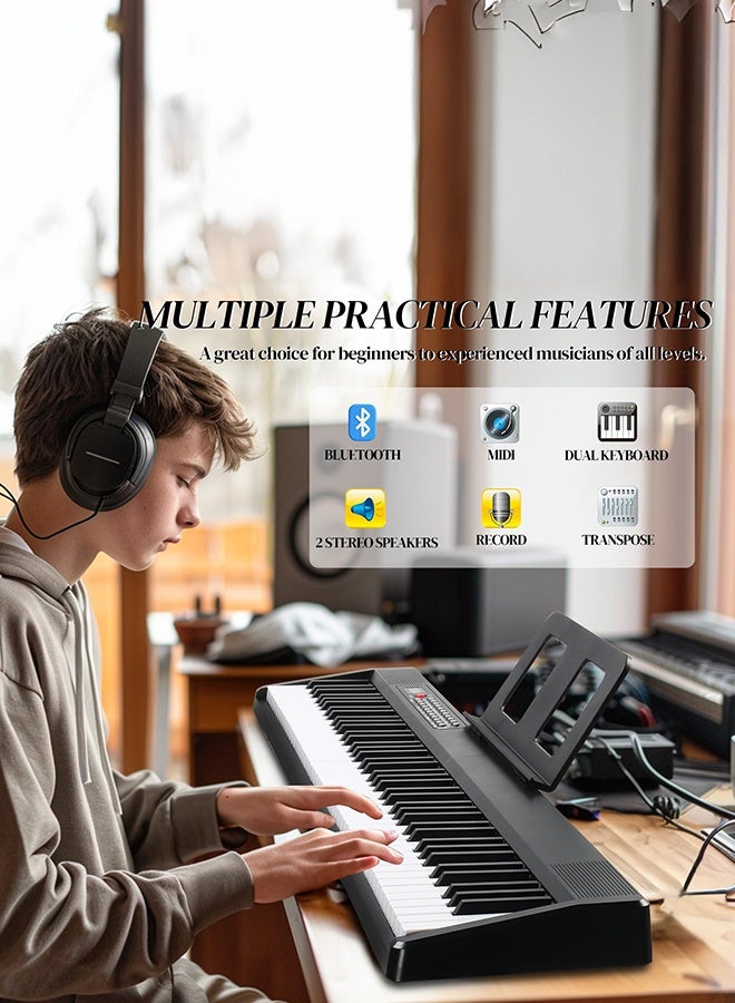 والالا بيانو رقمي كهربائي قابل للطي بـ 88 مفتاحًا و5 فولت من النوع C، وشاشة LED ثلاثية الأرقام مع وضع بلوتوث مزدوج، و1000 إيقاع و1000 نغمة و150 عرضًا توضيحيًا للمبتدئين والبالغين (أسود 4.4 كجم) - Image 3