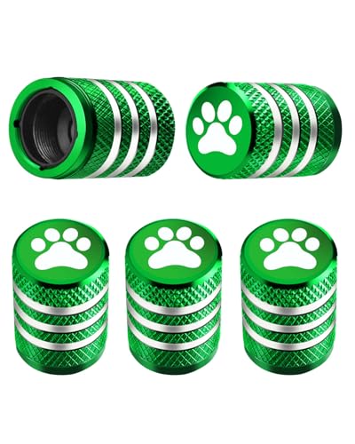 DECURCAR Tire Valve Stem Caps Cover 5 Pack Tire Air Caps Metal with Plastic Liner Corrosion Resistant LeakProof Dog Paw Print for Car Truck Motorcycle Bike Green - Image 1