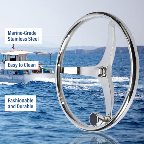 Amarine Made Stainless Steel Boat Steering Wheel 3 Spoke 1312 Inch Dia Marine Steering Wheel for Seastar and Verado Stainless Steering Wheel with 58 Inch18 Nut and Turning Knob - Image 3