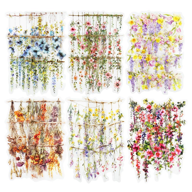 AuriicLeaf Hanging Floral PET Stickers Set, 60PCS Botanical Flower Stickers for Scrapbooking, Journaling, DIY Crafts, and Art Supplies - Image 1