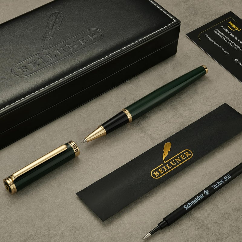 BEILUNER Luxury Rollerball Pen, Stunning Green Lacquer with 24K Gold Trim,Noble and Elegant Designs,Schneider Ink Refill, Best Gift Set for Men & Women, Refillable, Executive Writing, Nice Pens - Image 2