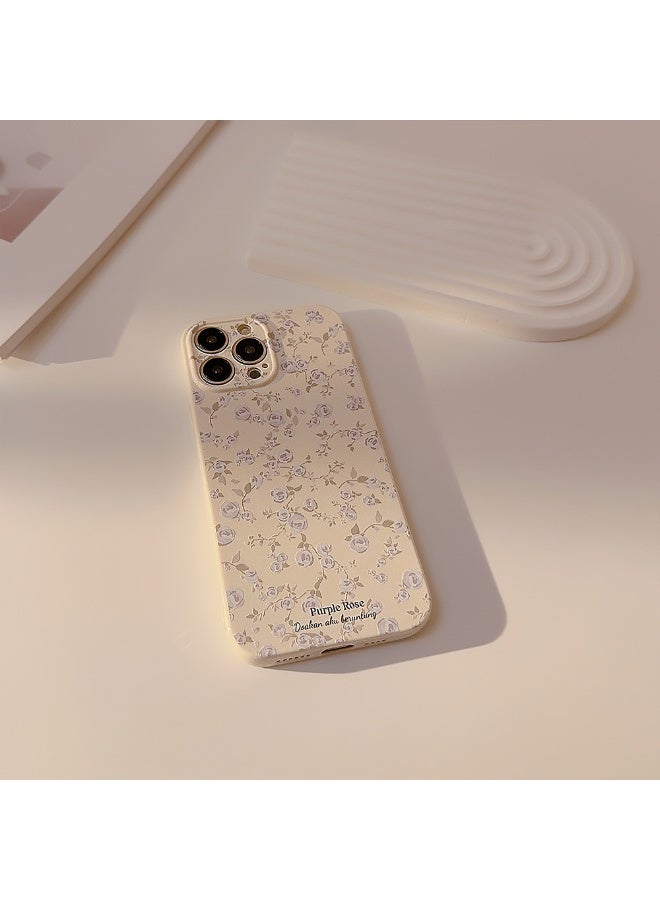 NIBEMINENT Retro Floral Pattern Protective TPU Case Cover For iPhone 15 Plus, Coconut White/Purple Rose With Floral Patterns