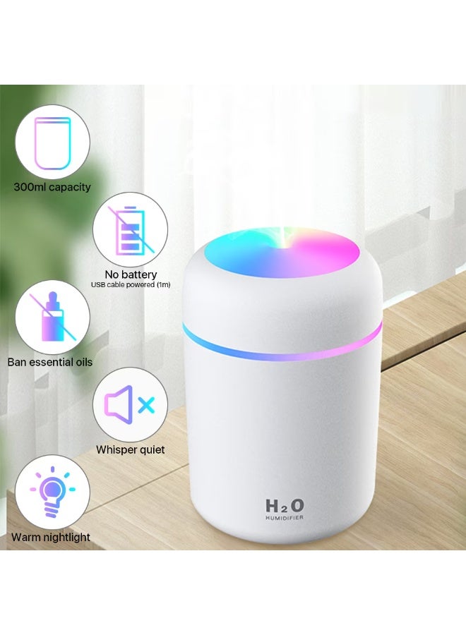 H2O Mini ultrasonic humidifier, essential oil diffuser, 300ml capacity, USB powered, with seven-color LED lighting, white - Image 5