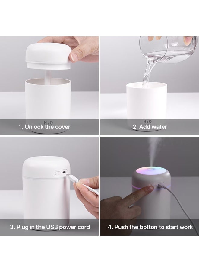 H2O Mini ultrasonic humidifier, essential oil diffuser, 300ml capacity, USB powered, with seven-color LED lighting, white - Image 3