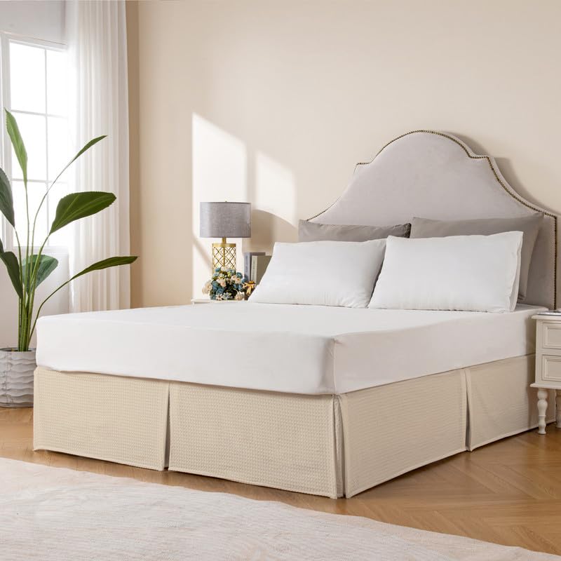 MIYE Pleated Waffle Weave Bed Skirt, Tailored Dust Ruffle 16 Inch Drop Easy Fit, Machine Washable,No Split Corners (Beige, Queen - 16" Drop) - Image 3