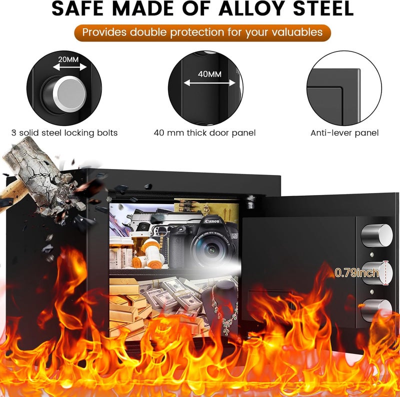 FOWORE Safe Box, Fireproof Home Safe with Fireproof Waterproof Bag, 9.84 Inches Tall Anti-Theft Digital Security Lock Box with Smart Alert System, Removable Shelf, Mute Function, Document Safes for Jewelry - Image 3