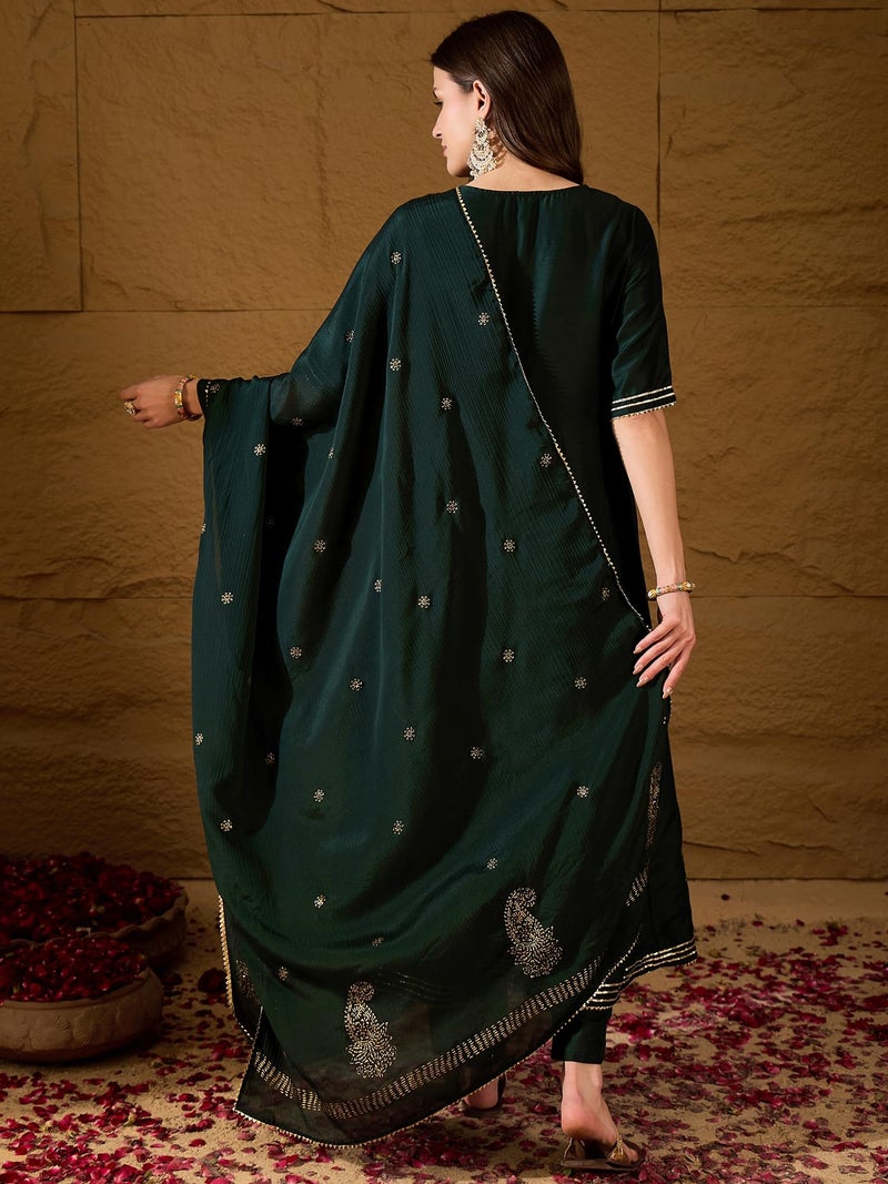 Vaamsi Women's Silk Blend Solid Anarkali Kurta Pant with Dupatta (VKSKD1218A_Dark Green_XXL) - Image 4