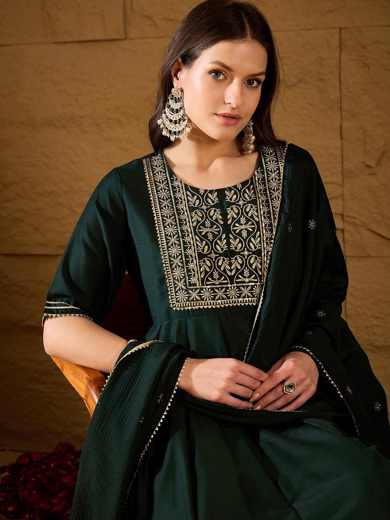 Vaamsi Women's Silk Blend Solid Anarkali Kurta Pant with Dupatta (VKSKD1218A_Dark Green_XXL) - Image 2