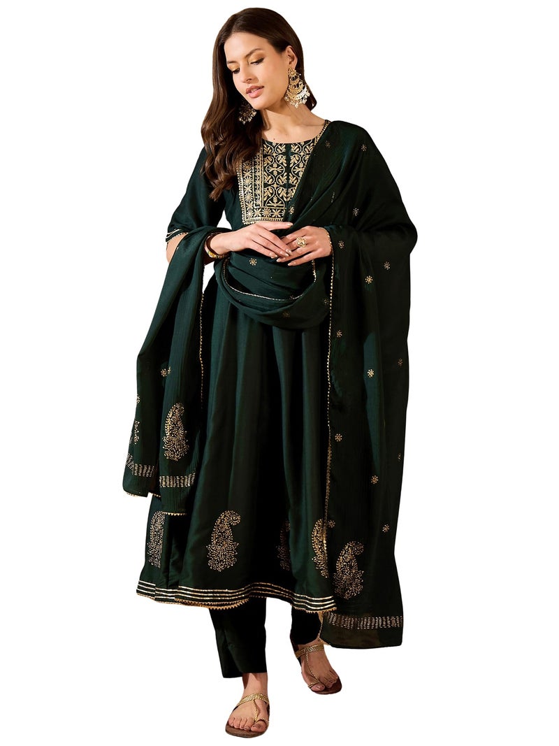 Vaamsi Women's Silk Blend Solid Anarkali Kurta Pant with Dupatta (VKSKD1218A_Dark Green_XXL) - Image 1