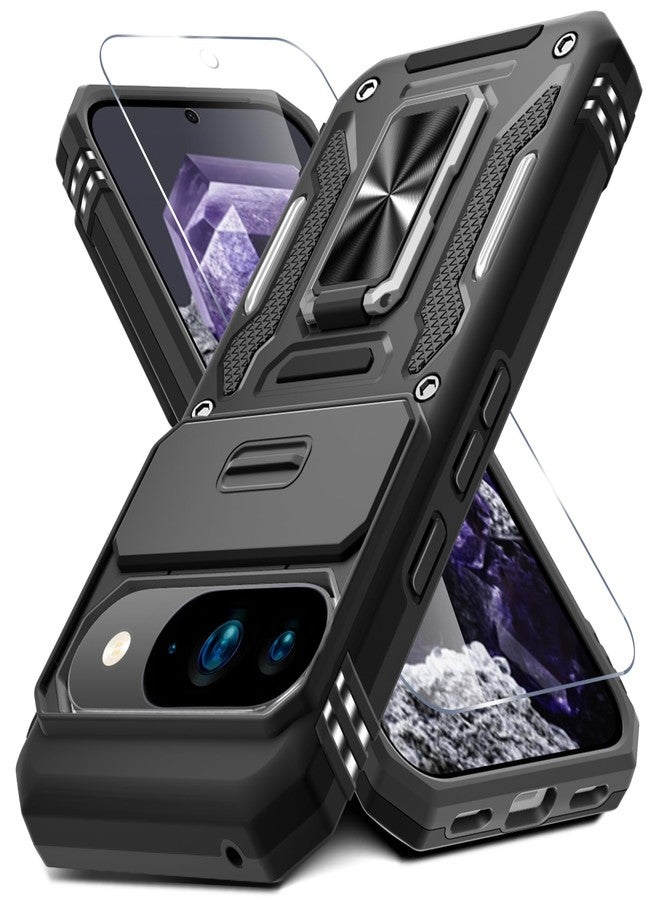 DEERLAMN جراب DEERLAMN لهاتف Google Pixel 10/10 Pro مع غطاء كاميرا منزلق + واقي شاشة (عبوة واحدة)، غطاء حماية مقاوم للصدمات من الدرجة العسكرية مع مسند حلقي دوار - أسود - Image 1