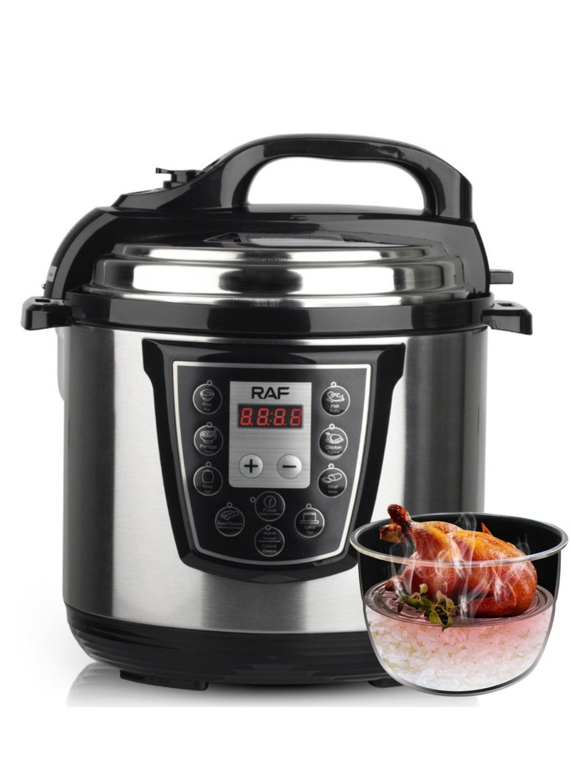 RAF Electric Pressure Cooker, 1000W, 6L Large Capacity, Multi-Function Digital Cooker with LED Display, 24-Hour Timer & Constant Temperature Control – Stainless Steel Automatic Cooking Pot - Image 1