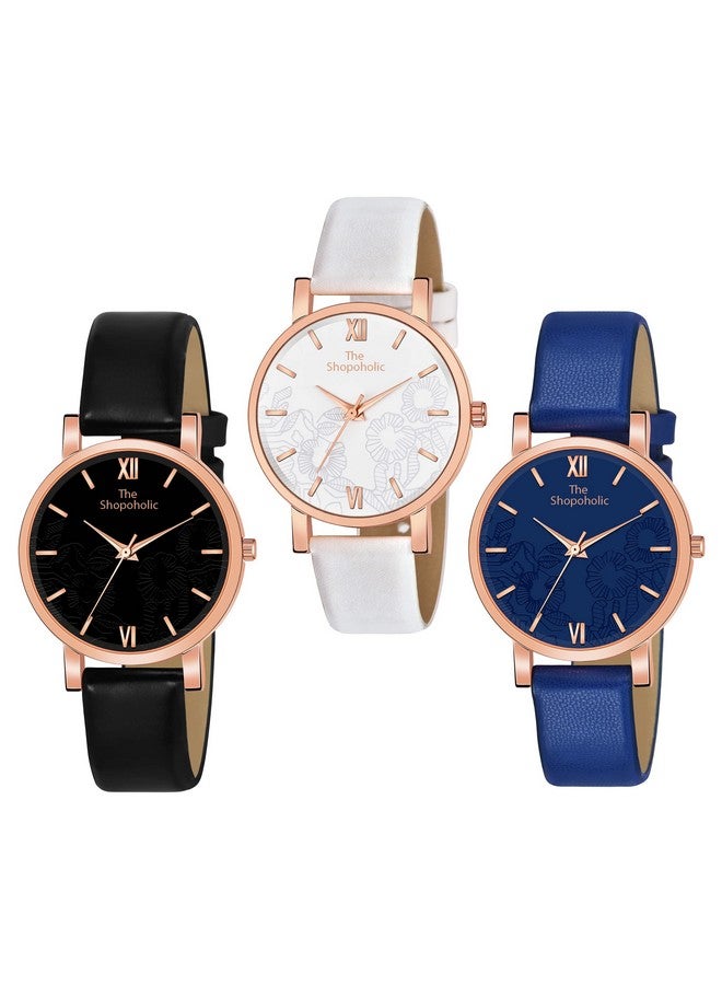 The Shopoholic Leather Analog Black White Blue Dial Combo Ladies Watches Watch For Womens And Girls Pack Of 3 - Image 1