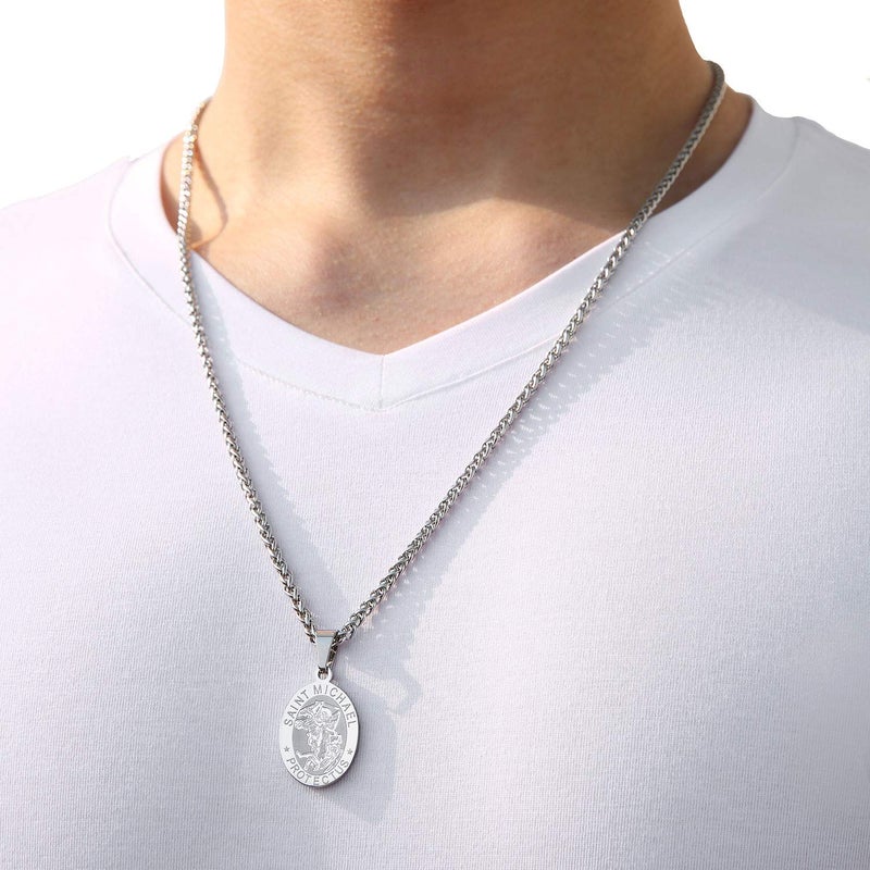 Zocomi Saint Michael Medal Necklace for Men Boys, Silver St Michael Archangel Pendant Chain Jewelry Religious Baptism Confirmation Christmas Gifts Teenage Teen Boys Age Kids Stocking Stuffers - Image 2