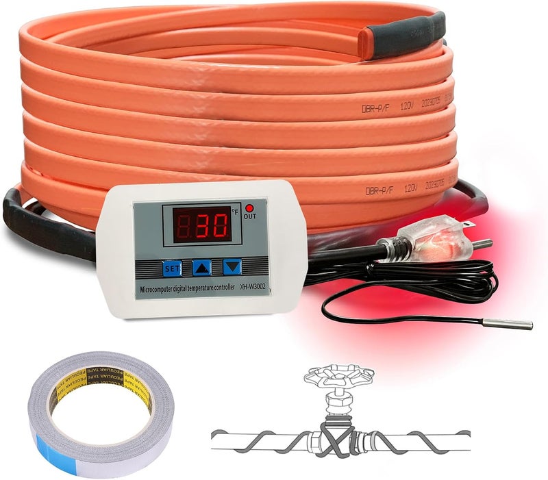 Cupohus Heat Tape for Water Pipes with Digital Display Thermostat 25FT, Freeze Protection Self-Regulating Heat Trace Cable for Metal, Plastic Home Pipes, Roof and RV - Image 1