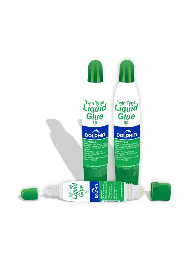 Dolphin Twin Liquid Glue – Pack of 3, Strong Bond, Dual Tip Applicator, Ideal for Paper, Craft & Office Use – Made in Taiwan