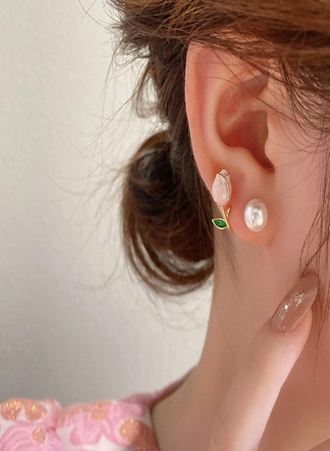 Frodete Tulip Pearl Flower Earrings Tulip Enamel Earrings Comfy Ear Cuff Jacket Front Back Earring For Women Girls, Other - Image 2